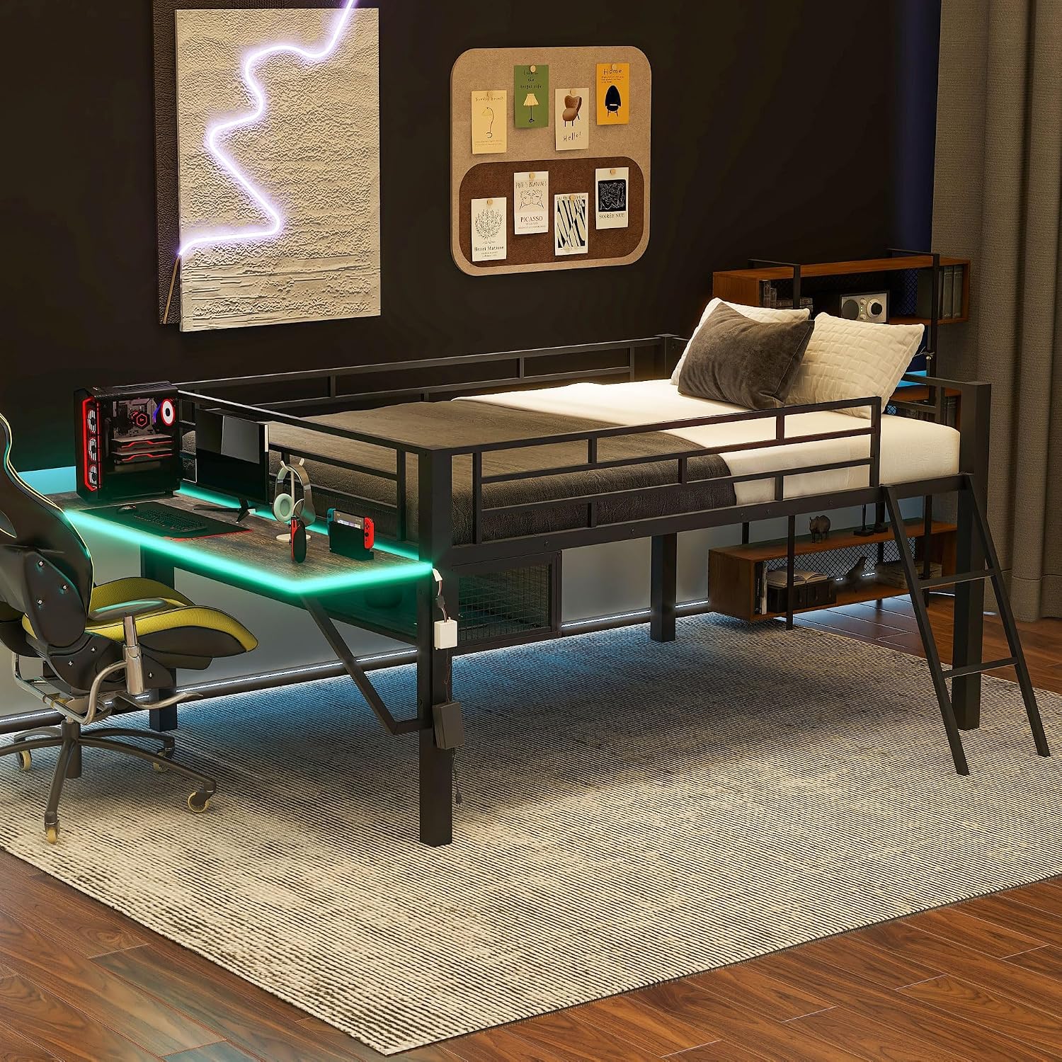 Modern Gaming Mid Loft Bed with Built-in LED Lights & Large Desk, High Sleeper Twin Size Bed with PC Gaming Setup for Teenagers, Space-Saving Furniture for Small Room (Black + Full)