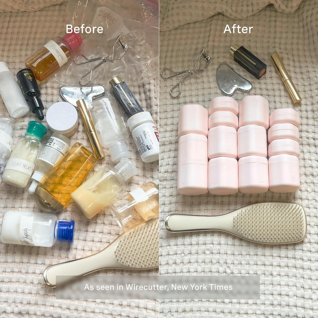 Cadence Travel Containers - Daily Routine Capsule Set - Magnetic Containers with Lids,4 Flex Mediums (1.32oz) & 3 Flex Smalls (0.56oz) - Shampoo, Conditioner, Body Wash, Pills, & More - Petal