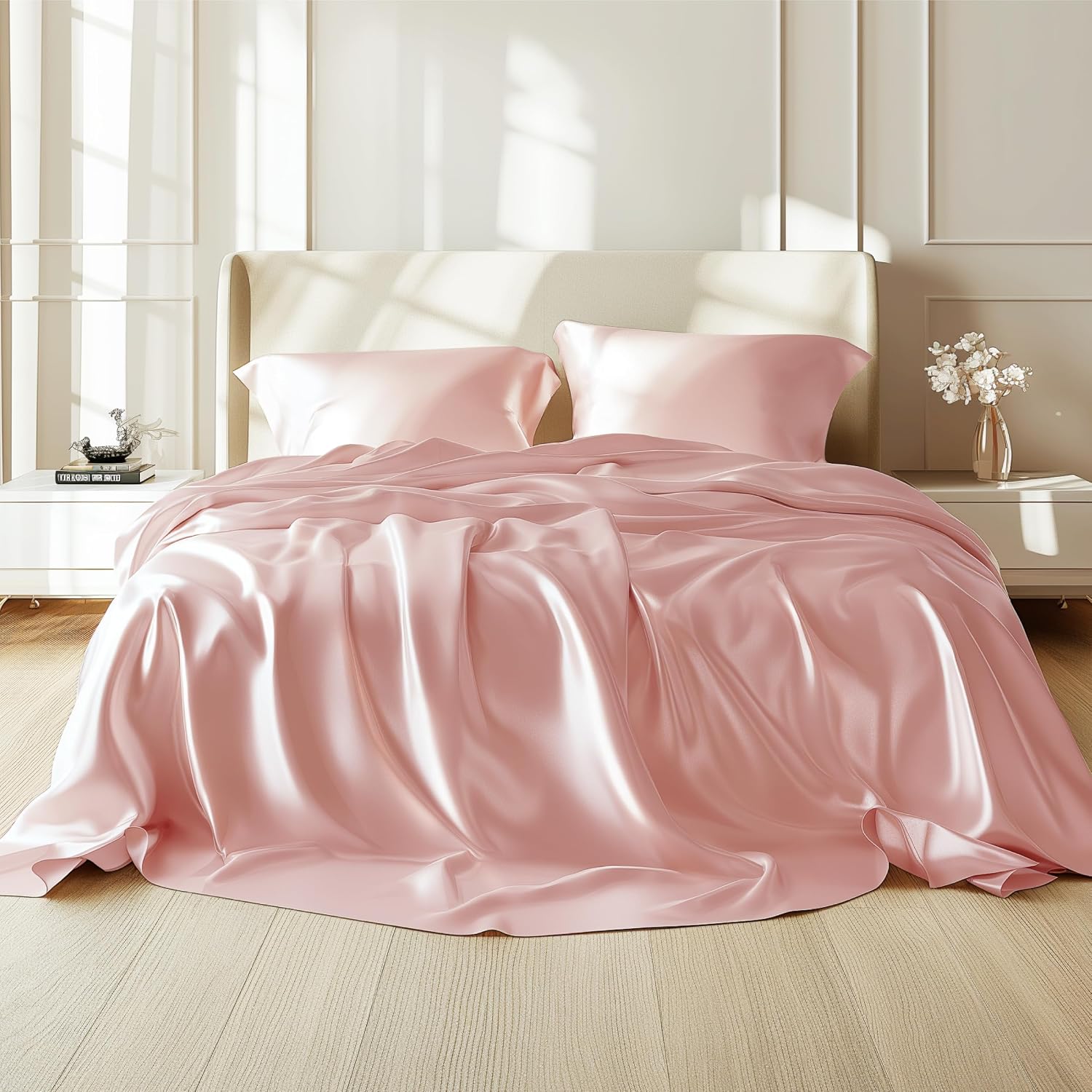 Twin XL Size 4-Piece Sheet Set Premium Mulberry Silk Bed Sheets Set Fits 14-16' Deep Pocket - Luxurious Soft Silk (Solid, Light Pink)