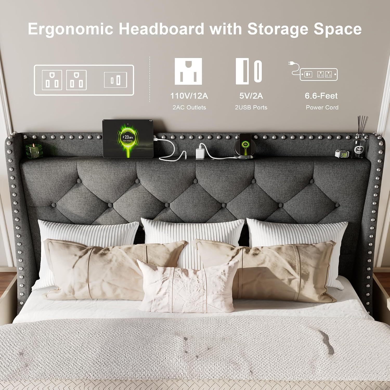 Feonase Queen Bed Frame with Luxury Wingback and Fast Charging Station,Upholstered Button Tufted Storage Headboard Queen Platform Bed,Sturdy Wooden Slats Support,Noise-Free,Easy Assembly,Dark Gray