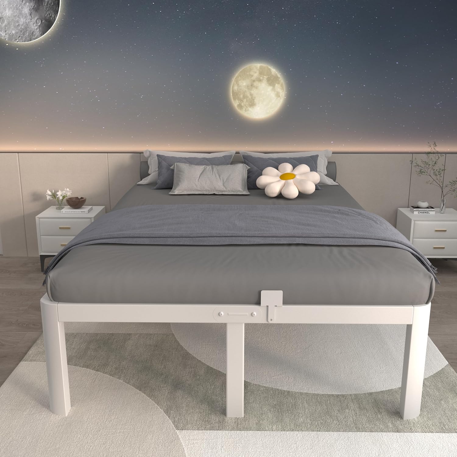 ITIMIDI 16 Inch Full White Bed Frames No Box Spring Needed, Metal Platform Bed Frame Full Size, Heavy Duty Steel Support 3500 LBS, Storage Space, Round Corner Legs, Noise Free, Easy Assembly