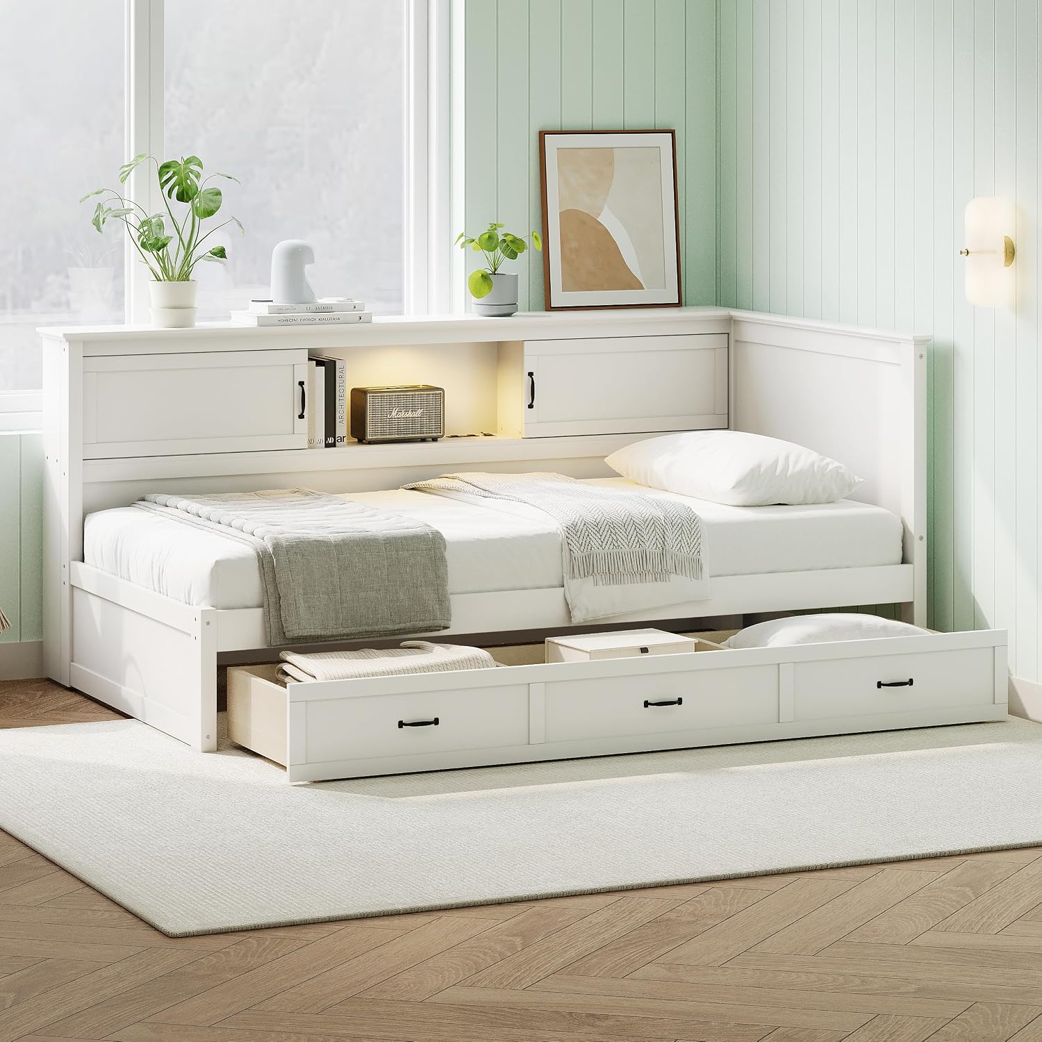 Twin Size L-Shaped Bed with Drawer and Bookcase, Multifunctional Corner Bed, Wooden Captain Bed Frame with Led Downlight and USB Port for Kids Teens Adults
