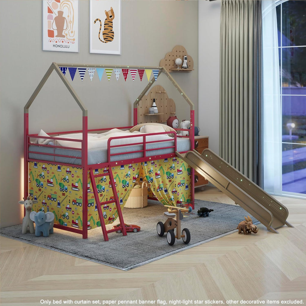 Jack Metal Junior House Twin Loft Bed with Slide and Curtain Set Gold 76.69' W x 97.83' L x 74.65' H