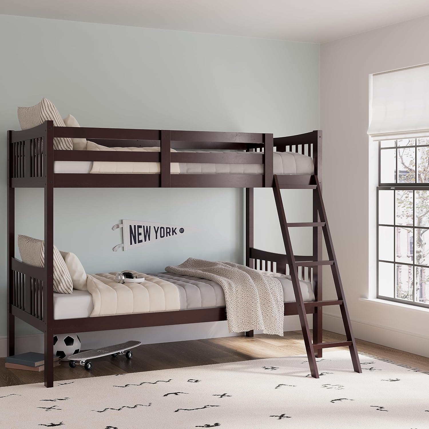 Storkcraft Caribou Bunk Bed Twin Over Twin Bunk Bed (Espresso) - GREENGUARD Gold Certified, Twin Bunk Beds for Kids, Converts to 2 Individual Twin Beds, Bunk Beds for Kids