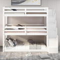 Triple Bunk Bed, Detachable Triple Twin Bunk Bed, 3 Bunk Bed with Storage Staircase, Guardrails, Twin Over Twin Over Twin for Kids, White