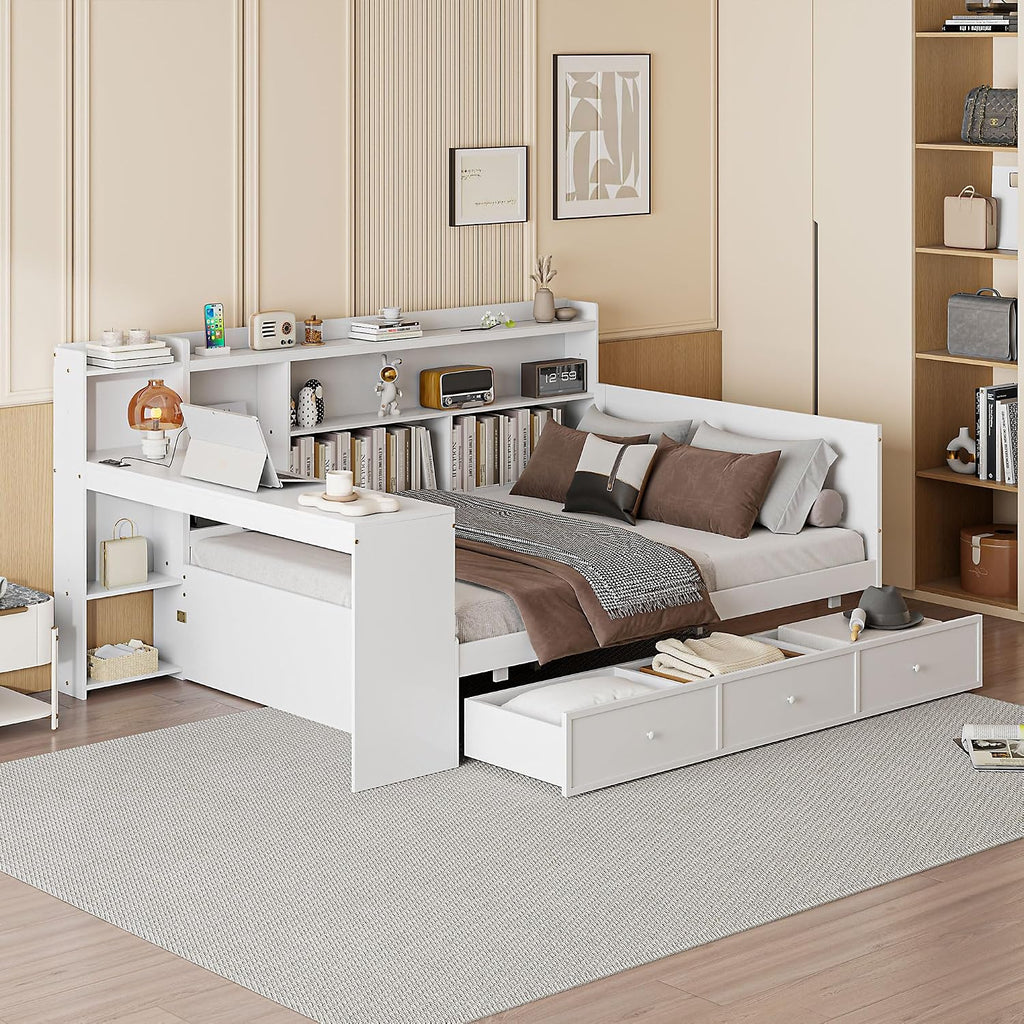 Full Size Daybed with Storage Shelves and Study Desk, Wooden Daybed Sofa Bed Frame with 3 Drawers and USB Ports for Office Living Room Bedroom, Maximize Space (White-22U)