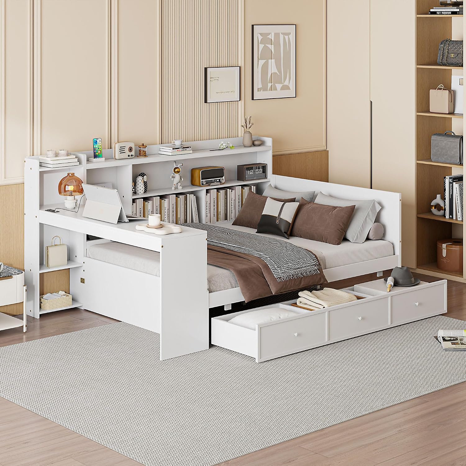 Full Size Daybed with Storage Shelves and Study Desk, Wooden Daybed Sofa Bed Frame with 3 Drawers and USB Ports for Office Living Room Bedroom, Maximize Space (White-22U)