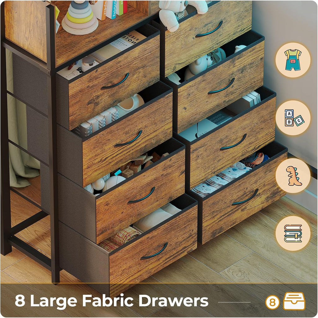 ADORNEVE Twin Size Loft Bed with Desk and 8 Storage Drawers, Metal Kids Loft Bed Twin with LED Lights & Charging Sation, Storage Shelves, 13.1' H Safety Guard & Ladder, Rustic Brown