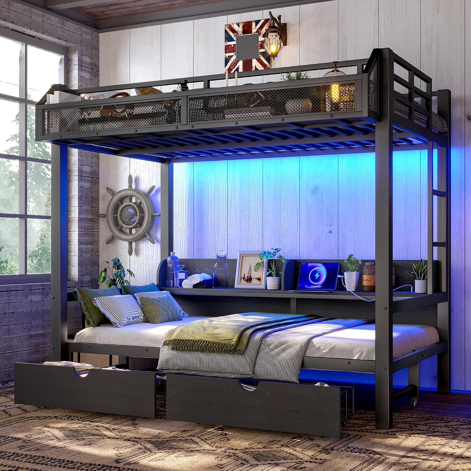 LUMISOL Twin Black Metal Bunk Bed with Storage Shelves and Drawers, Space-Saving Bunk Bed with Lights and USB Ports, Lower Bunkbed Can be Converted Sofa, Muti-Function & Noise-Free
