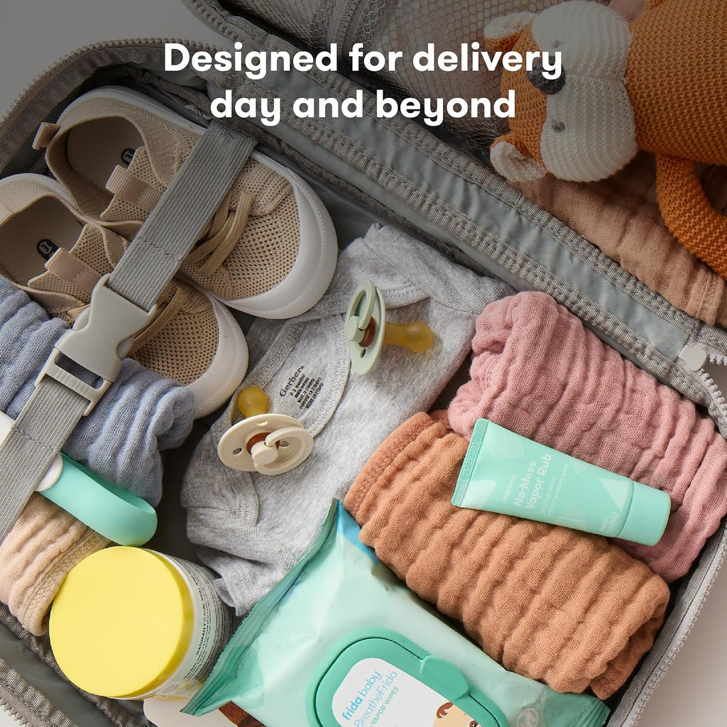 Frida Mom 30pc Pre-Packed Hospital & Diaper Bag Essentials Gift Set, Includes Labor, Postpartum, & Newborn Grooming Kit in One, Easy to Organize with Removable Toiletry Bags, & Suitcase Strap