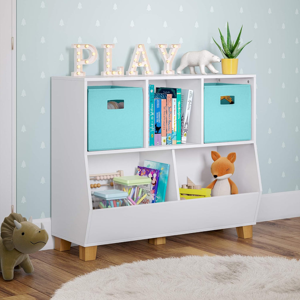 RiverRidge Catch-All Kids Toy Storage Organizer with 3 Cubbies and 2 Storage Bin Compartments - 35 Inch Wide White and 2 Aqua Fabric Bins Kids Room Decor Toy Organizers and Bins