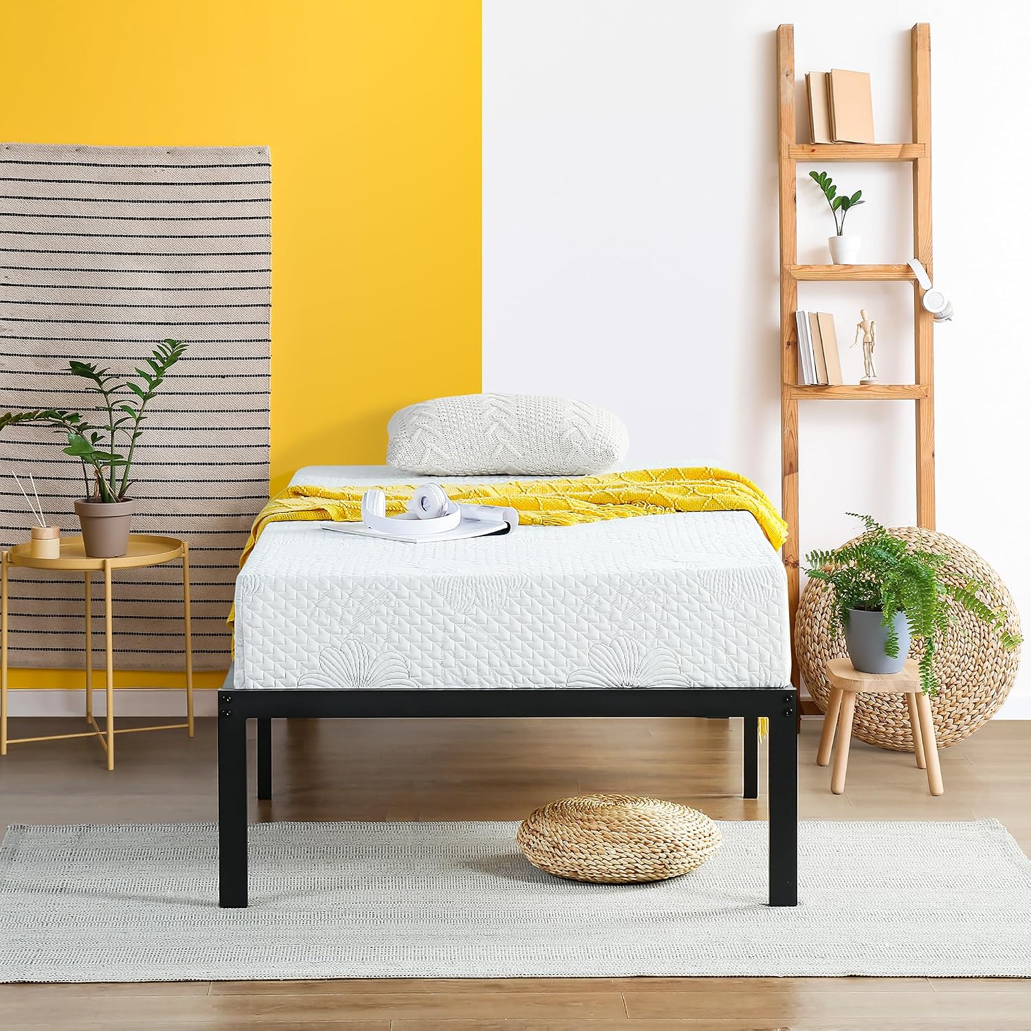 PrimaSleep 14 Inch Heavy Duty Steel Slat Anti-Slip Support, Easy Assembly Platform Bed frame, Noise Free Steel Mattress Foundation, Maximum Storage, No Box Spring Needed, Black, Twin Size