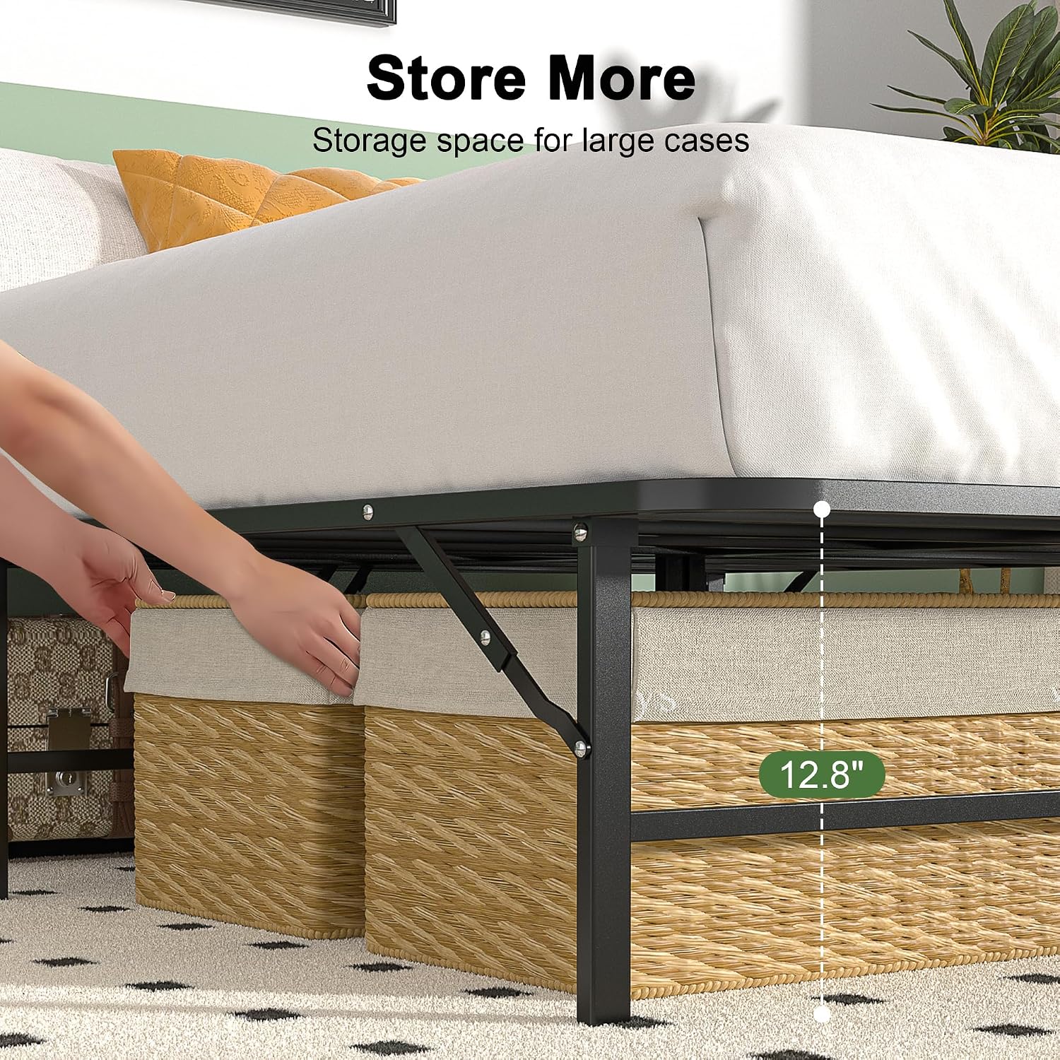VECELO 14 Inch Metal Bed Frame, Foldable & No Tools Assembly, Heavy Duty Platform with Under Bed Storage, 880 lbs Weight Capacity, Ideal for Small Spaces & Guest Rooms, Queen, Black
