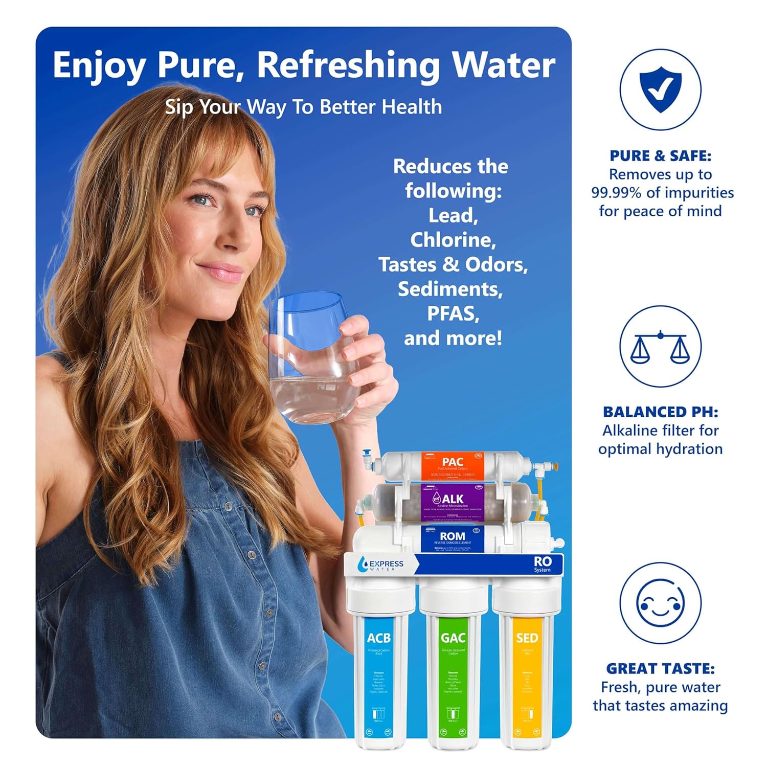 Express Water ROALK5D 10-Stage Alkaline Under Sink Reverse Osmosis Water Filter System, NSF Certified 372, 50 GPD, Reduces 99% of Impurities, BPA Free, Deluxe Chrome Faucet