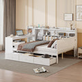 Full Size Daybed with Storage Shelves and Study Desk, Wooden Daybed Sofa Bed Frame with 3 Drawers and USB Ports for Office Living Room Bedroom, Maximize Space (White-22U)