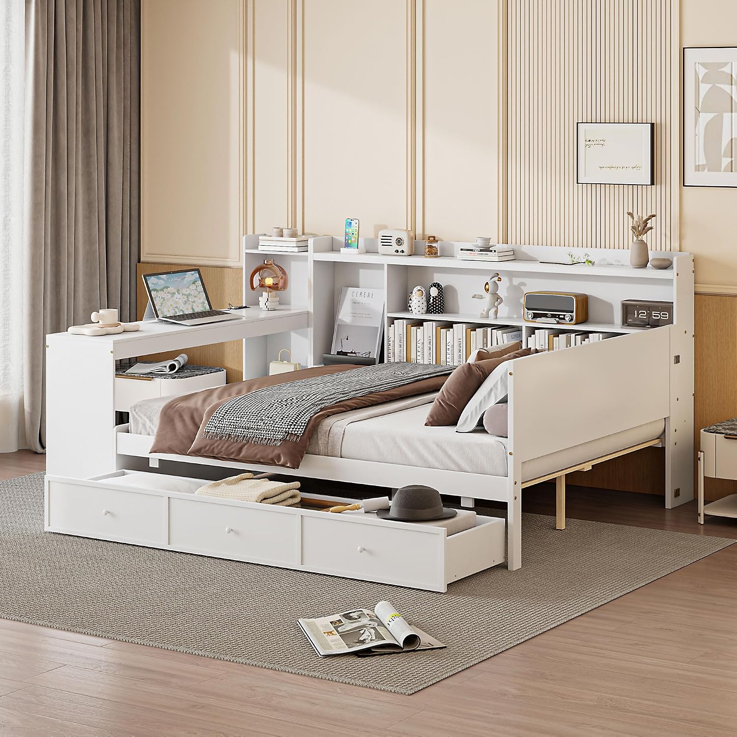 Full Size Daybed with Storage Shelves and Study Desk, Wooden Daybed Sofa Bed Frame with 3 Drawers and USB Ports for Office Living Room Bedroom, Maximize Space (White-22U)