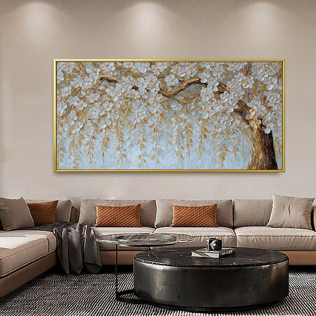 Suconvng Large Gold Framed Wall Art For Living Room Home Wall Decor Modern Canvas Art Wall Decor 29 X 58 Inches Elegant Flower White Wall Art Picture For Bedroom Office Artwork