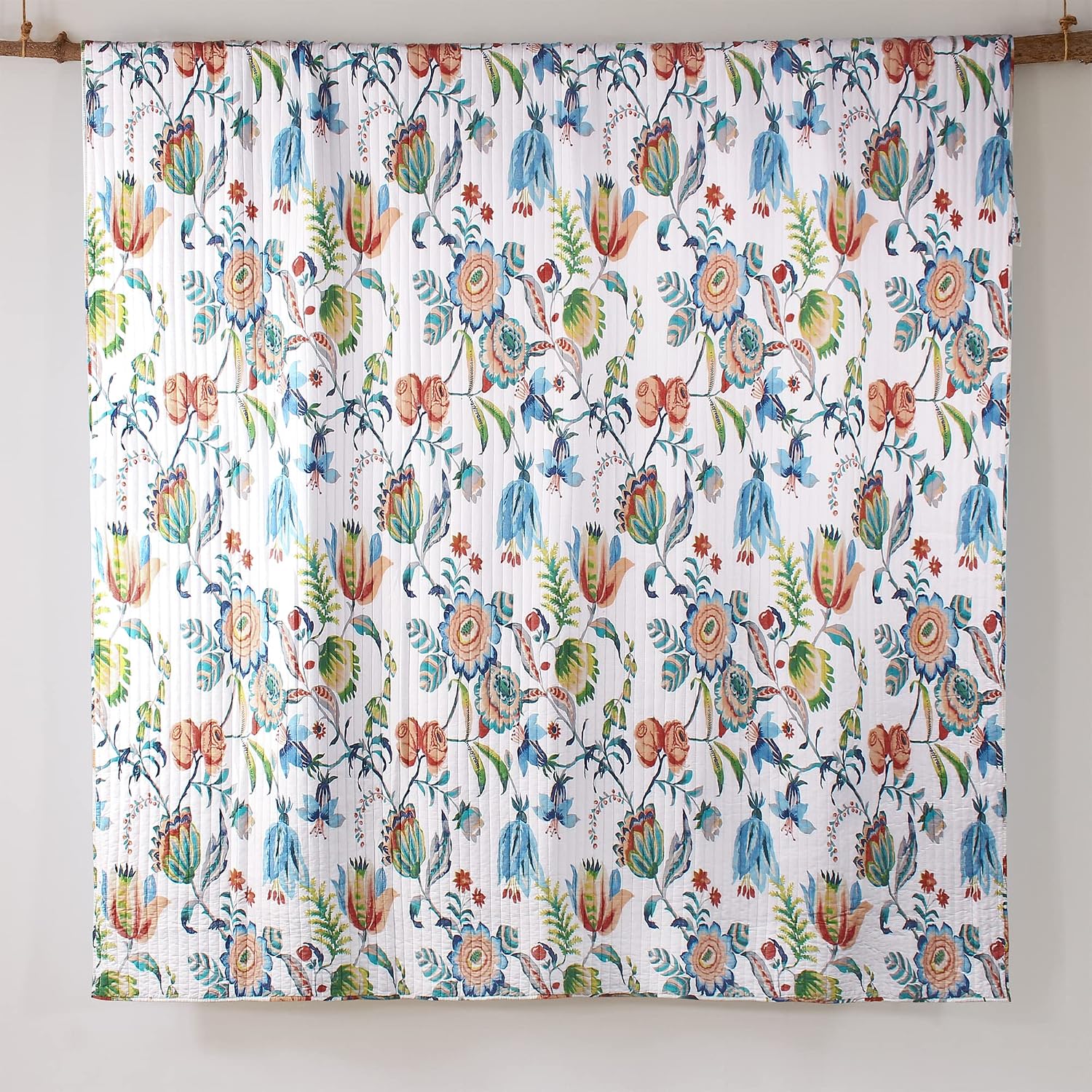 Levtex Home - Eleni Quilt Set - King Quilt and Two King Shams - Floral - Blue, Navy, Coral, Green, White - Quilt (106x92in.) and Shams (20x36in.) - Reversible - Cotton