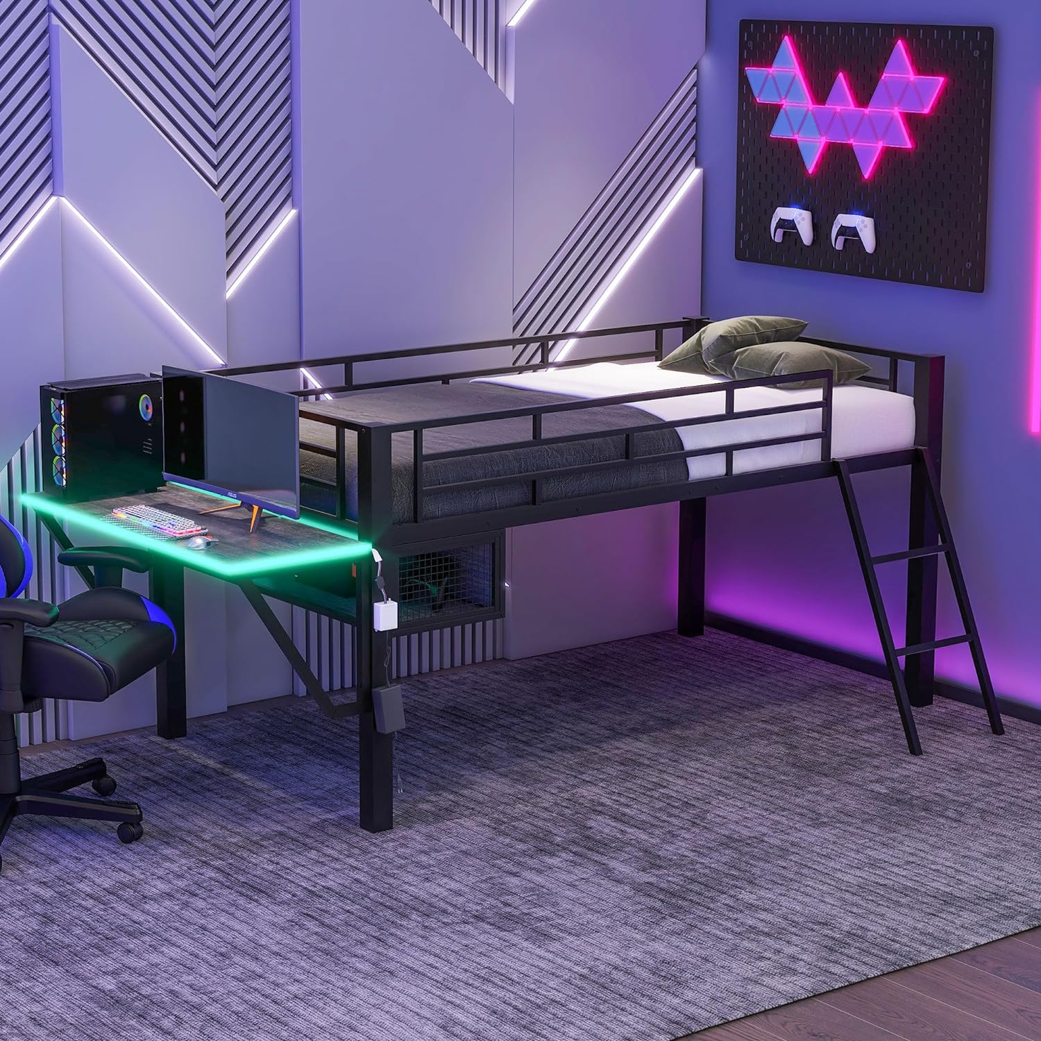 GOWE Gaming mid loft Bed with Desk, LED, Twin, Black