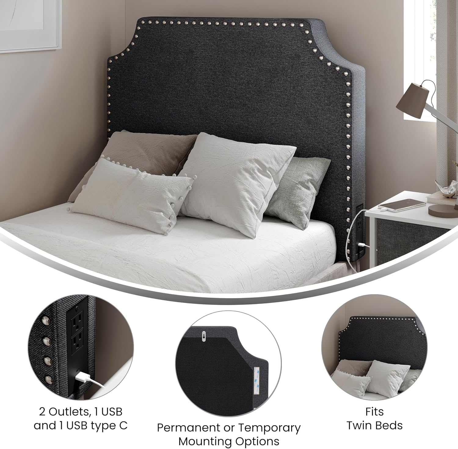 Flash Furniture Adeline Twin Headboard with 2 Outlets, USB Port, USB Type-C Port, Contoured Headboard, Studded Faux Linen Upholstery, Dual Hanging Options, Gray