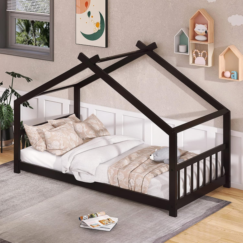 JIVOIT Twin Size Wood House Bed, Solid Wood Tent Bed Canopy Bed Frame with Roof Design, Twin Floor Bed with Wood Slats Support, No Box Spring Needed (Espresso-Twin-Pinewood)