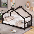 JIVOIT Twin Size Wood House Bed, Solid Wood Tent Bed Canopy Bed Frame with Roof Design, Twin Floor Bed with Wood Slats Support, No Box Spring Needed (Espresso-Twin-Pinewood)
