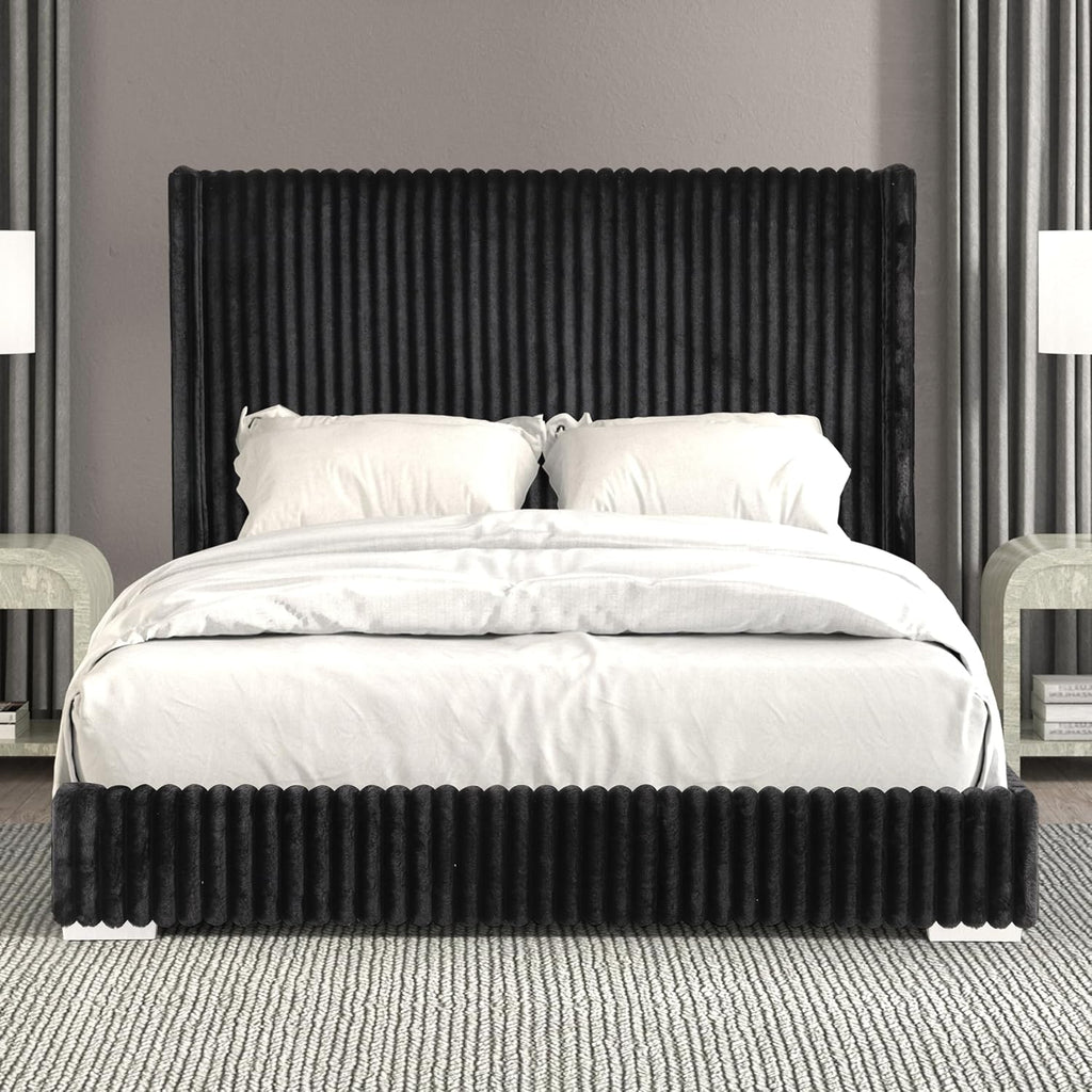 Furniture of America Plutforn Modern Wood 65-inch Queen Platform Bed with Fur Chenille Fabric, No Box Spring Required for Bedroom, Guest Room, Black