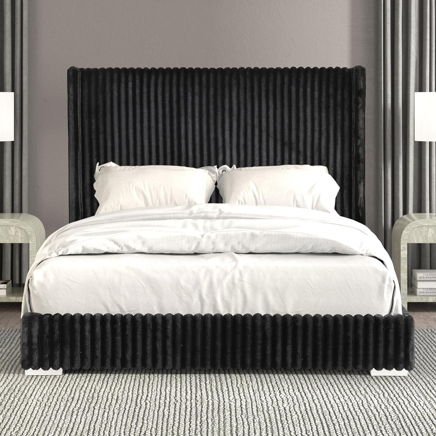 Furniture of America Plutforn Modern Wood 65-inch Queen Platform Bed with Fur Chenille Fabric, No Box Spring Required for Bedroom, Guest Room, Black