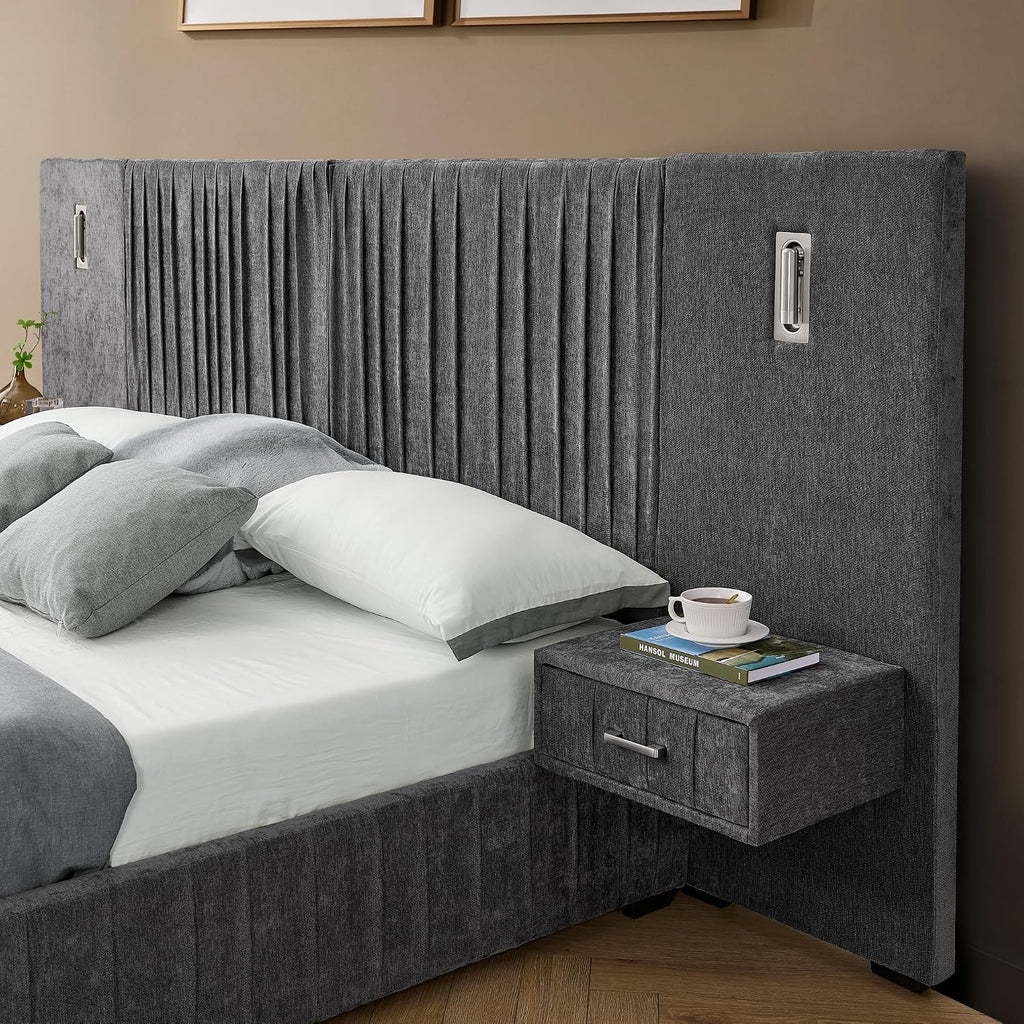 Merax Chenille Upholstered Queen Size Bed Frame with Wide Headboard and 2 Nightstands, Low Platform Bed Frame with Small Reading Lamp and Pleating Design for Adults, No Box Spring Needed, Dark Gray