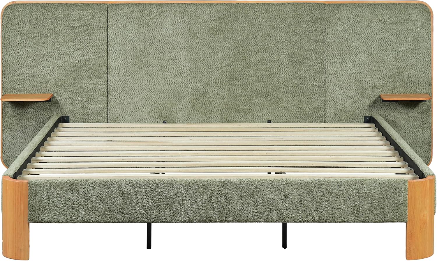 Merax King Size Boucle Upholstered Platform Bed with Wide Curved Headboard and Floating Shelves for Adults, Heavy Duty Steel Center Beam for Support, No Box Spring Needed, Antique Green
