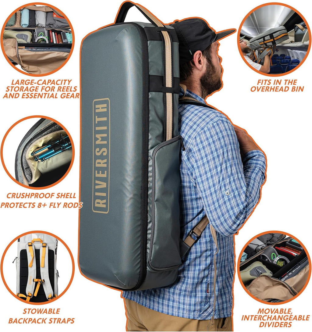 RiverSmith Carry On Fly Rod Case & Reel Storage – Travel Pack Fly Fishing Travel Bag – Backpack, Fits 8+ Rods, Overhead Bin Compatible Fishing Travel Luggage – Gray Cadmium
