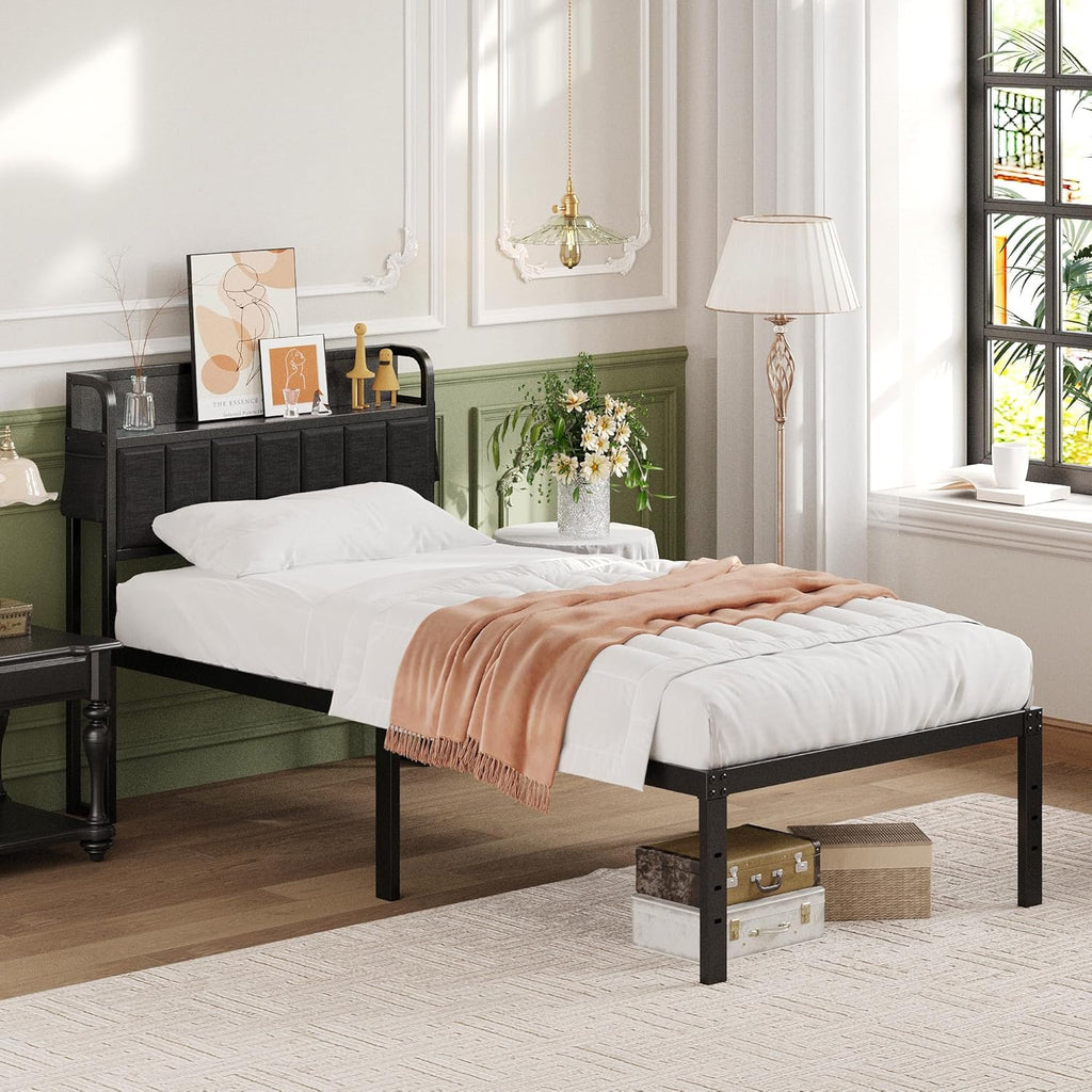 Lutown-Teen 16 Inch Twin Bed Frames with Upholstered Storage Headboard, Sturdy Single Bed Frame, No Box Spring Needed Twin Platform, Black