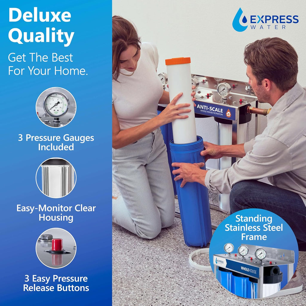 Express Water Whole House Water Filter System, 3 Stage Home Purifier System, Top Tier Filtration Specially Designed to Prevent Scale Build-Up, Protects Pipes and Appliances