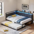 LIKIMIO Corner Full Bed Frame with Trundle, Upholstered Storage Headboard & LED Lights, Full Size Daybed with Charging Station, Sturdy Platform Metal Frame for Living Room, Bedroom, Guest Room, Gray