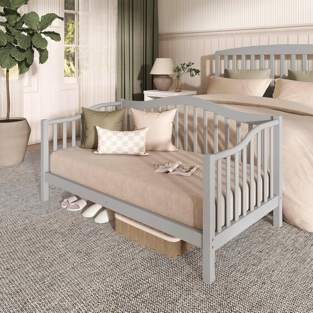 Dream On Me Austin Toddler Day Bed with Rails in Pebble Grey, Low to Floor Toddler Day Bed, Greenguard Gold & Baby Safety Alliance Certified, Non-Toxic Finishes, Side Safety Guard Rail