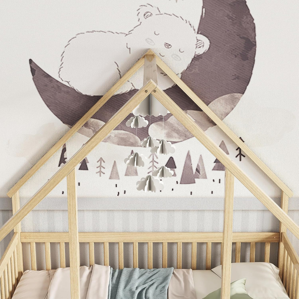 JIVOIT Full Wood House-Shaped Floor Bed with Fence and Guardrails, Wood House Roof Frame, Montessori Floor Bed Frame (Natural-Full,129)