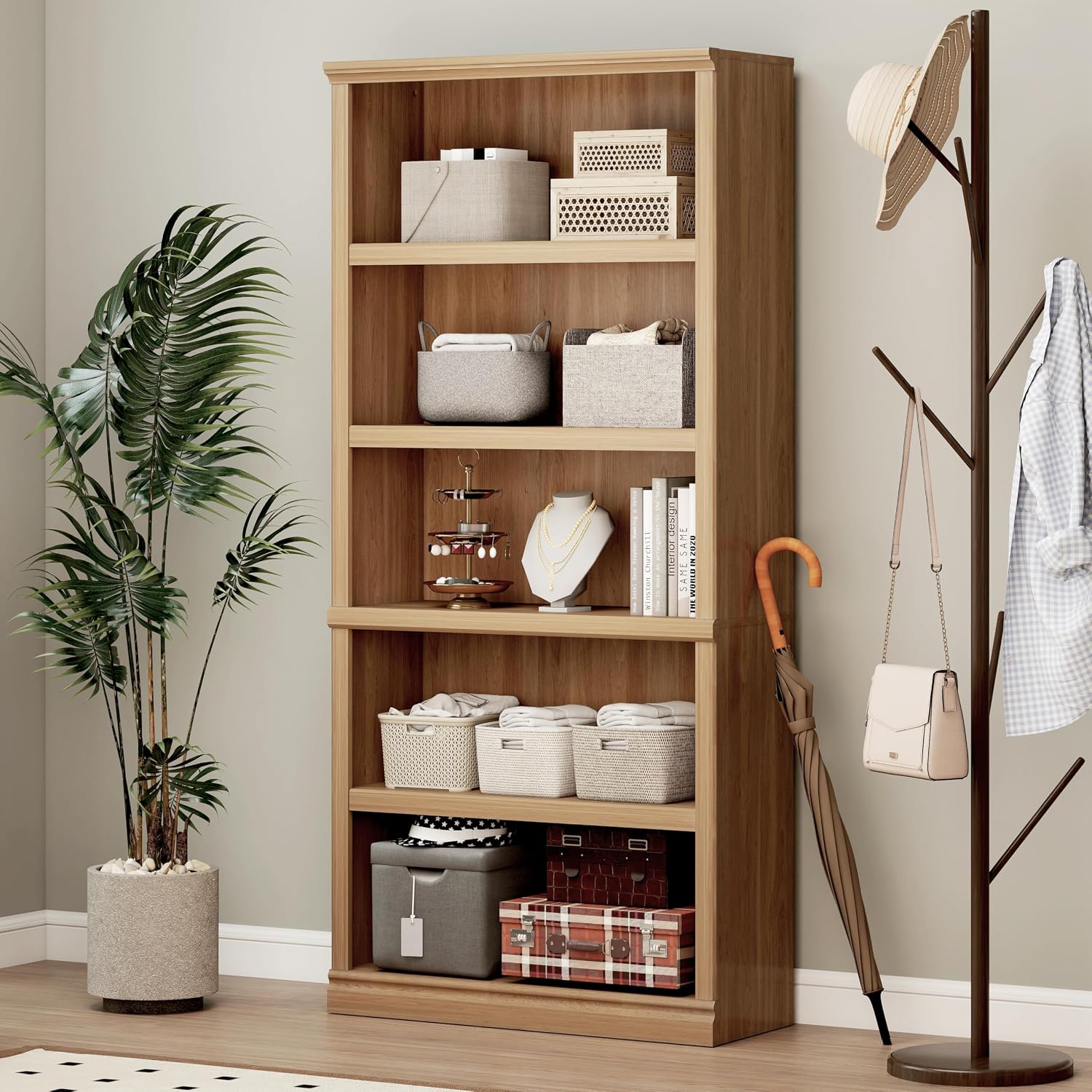 Bevfint 70 in Tall Bookcase, White Bookshelf Open Storage 5-Tier Shelves, 33 inch Wide Floor Standing Indoor Furniture, Book Cases for Home School Library Office Bedroom Kids, Oak 5 Tiers