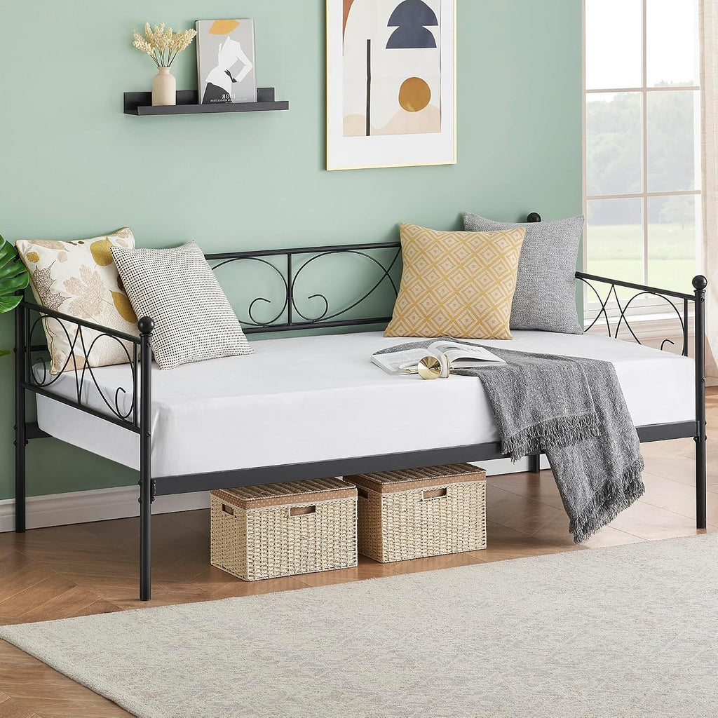Heavy Duty Twin Daybed with Trundle, Metal Sofa Bed Frame with Floral Headboard & Slats, No Box Spring Needed, Multifunctional Platform Bed for Guest Room, Bedroom,Black