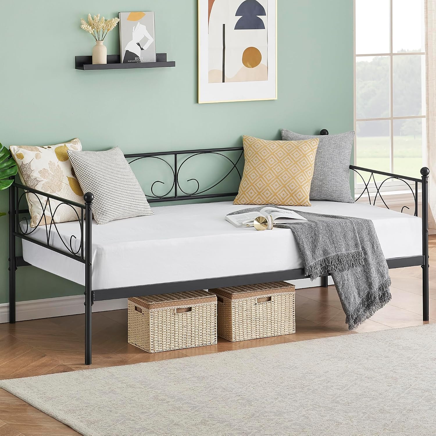 Heavy Duty Twin Daybed with Trundle, Metal Sofa Bed Frame with Floral Headboard & Slats, No Box Spring Needed, Multifunctional Platform Bed for Guest Room, Bedroom,Black