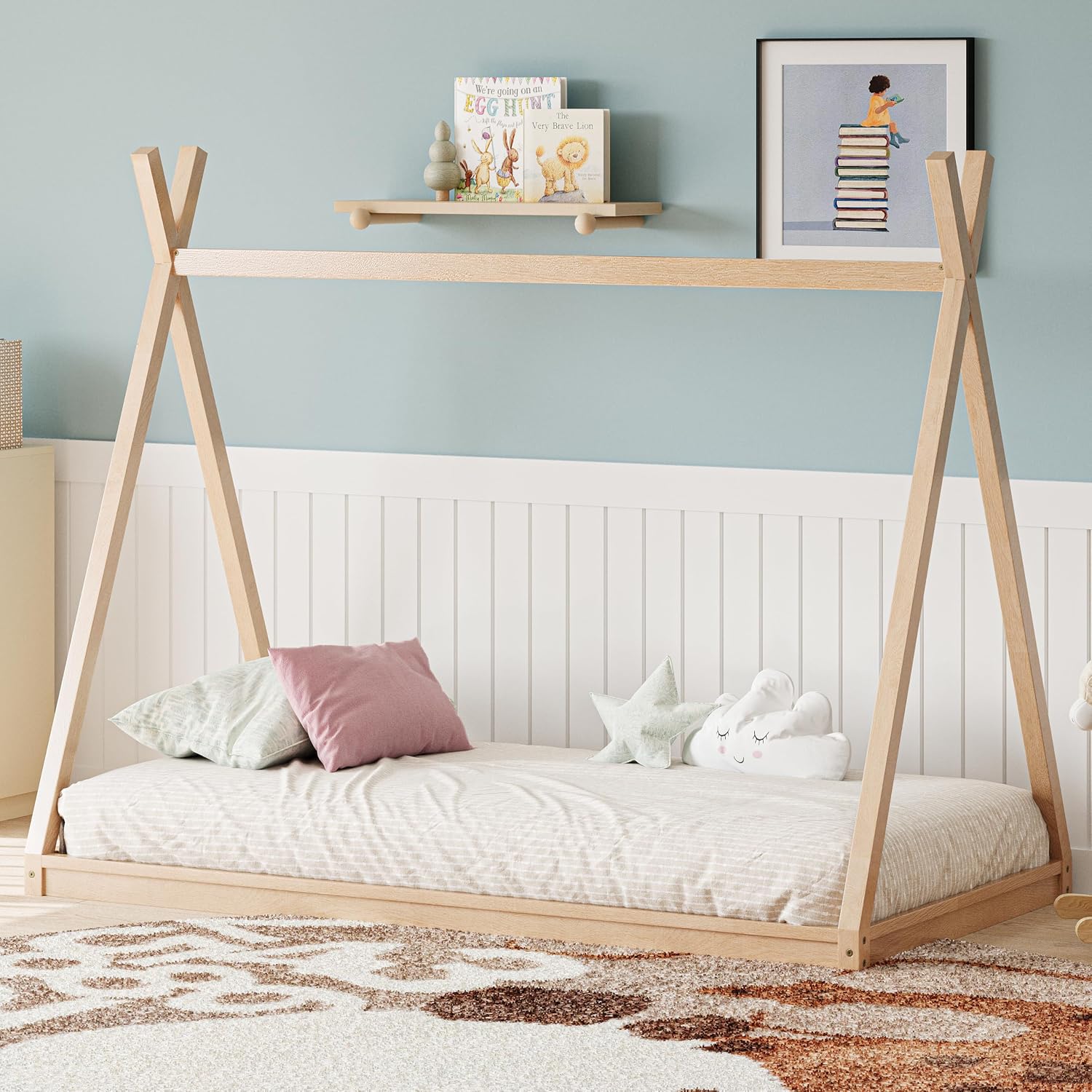JIVOIT Wood Twin Size Tent Bed with Sturdy Triangle Frame, Montessori Style Low-Floor Bed, House Shape Tent Bed Frame, Easy Assembly (Natural/95)