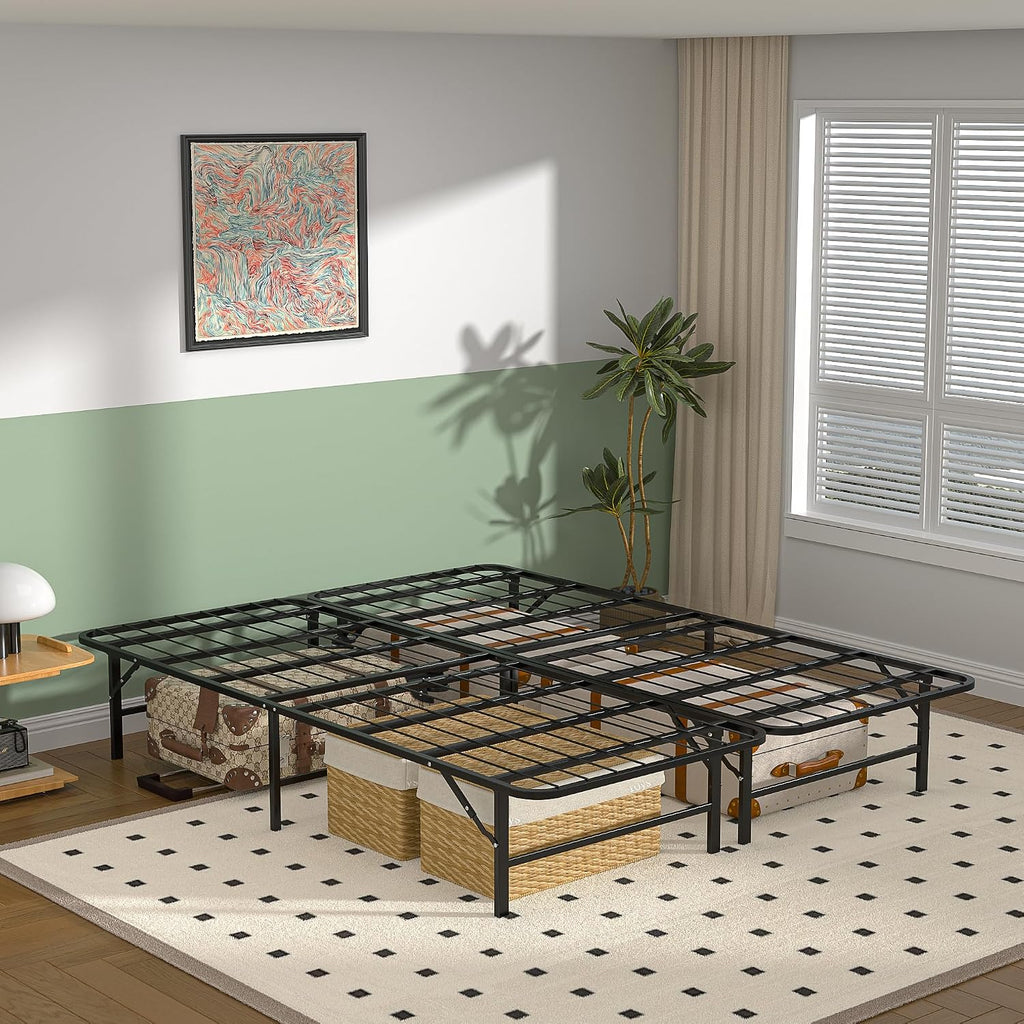 VECELO 14 Inch Metal Bed Frame, Foldable & No Tools Assembly, Heavy Duty Platform with Under Bed Storage, 880 lbs Weight Capacity, Ideal for Small Spaces & Guest Rooms, Queen, Black