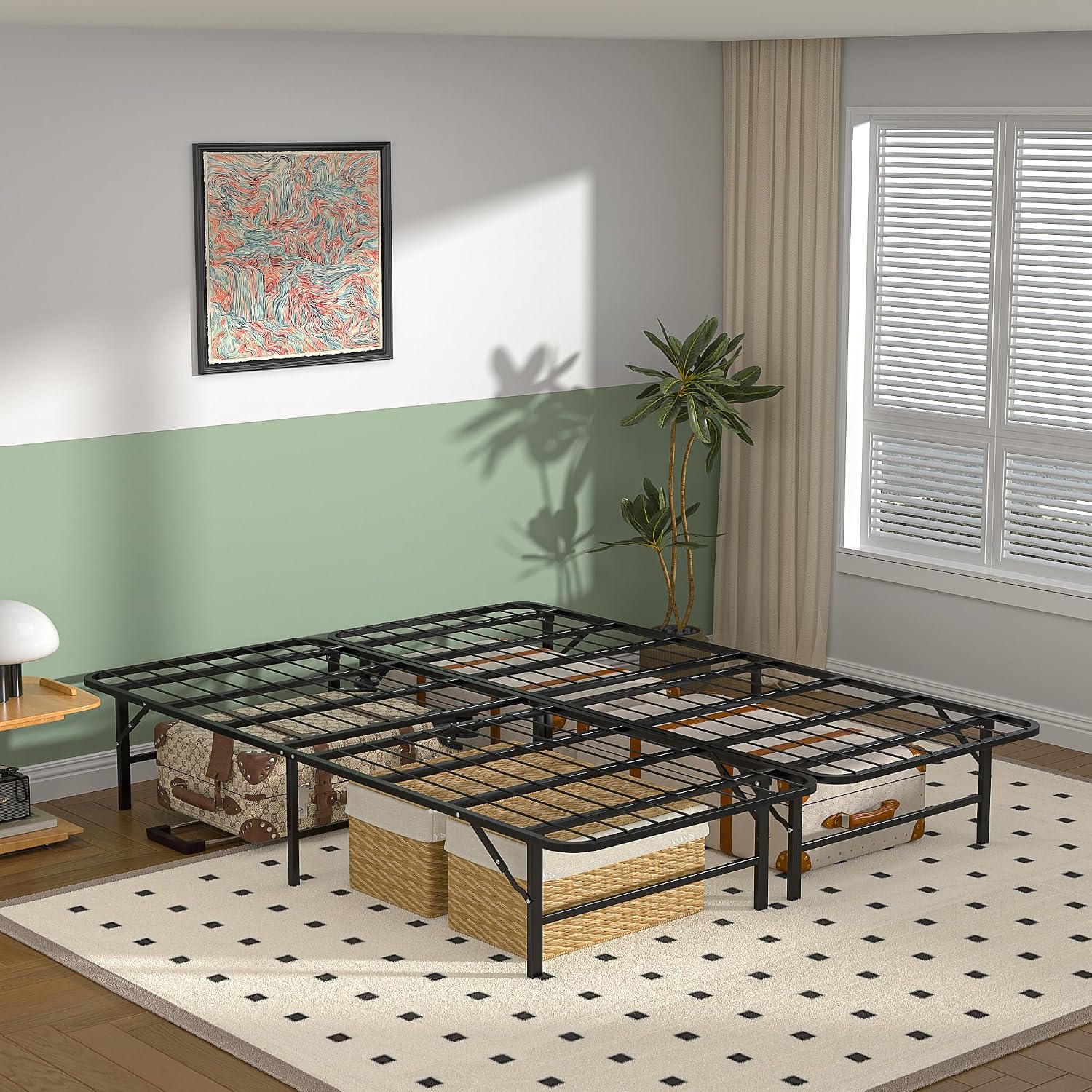 VECELO 14 Inch Metal Bed Frame, Foldable & No Tools Assembly, Heavy Duty Platform with Under Bed Storage, 880 lbs Weight Capacity, Ideal for Small Spaces & Guest Rooms, Queen, Black