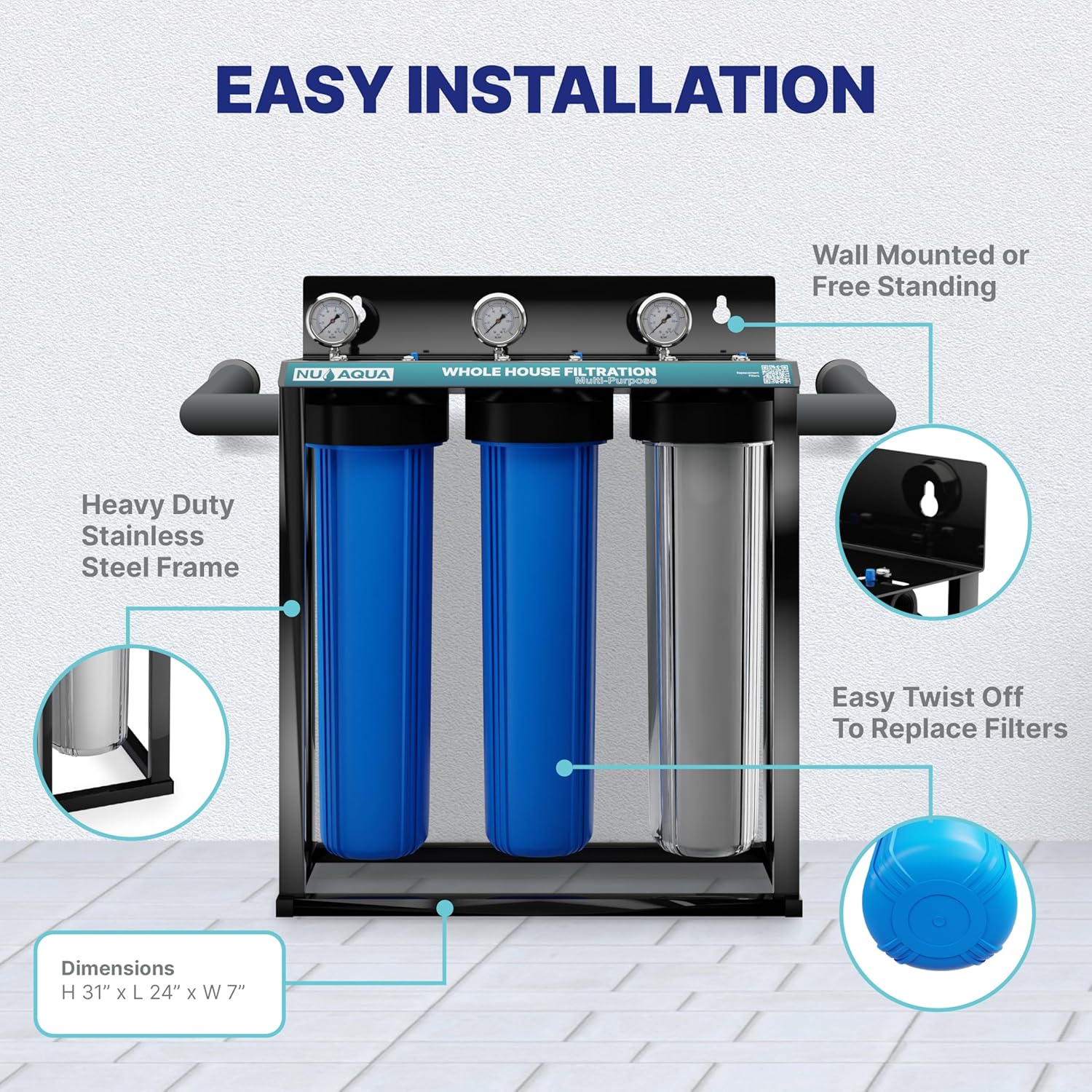 Nu Aqua 3-Stage Main Line Whole House Water Filter System w/Pressure Gauges (20' x 4.5') | Reduce Heavy Metals, Chlorine, Odors | Sediment, Granular Carbon, Carbon Block - Home Filtration