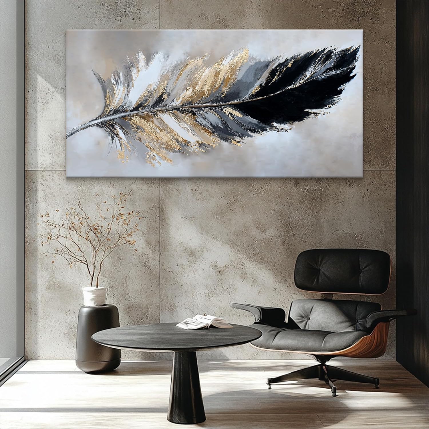 Canvas Art Wall Decor Large Wall art for living room Modern Abstract Wall Decor Painting Print Modern Home Decorations Black and Gold Minimalist Abstract Art Feather Home Artwork Size 35'X70'