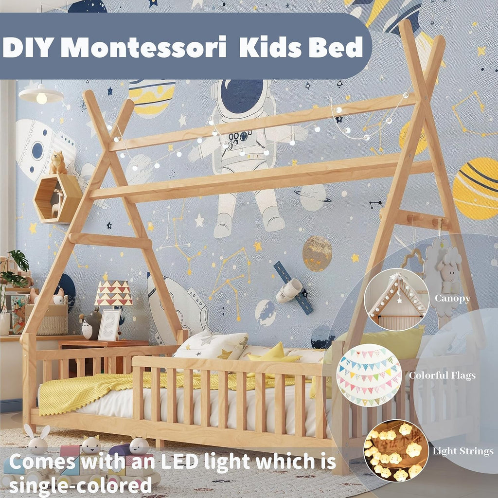 Twin Montessori Kids Floor Bed with Rails and LED Light, Low Twin Beds Frame with Fence and Removable Roof, Wood Montessori Floor Bed Frame for Kids, Girls, Boys, Natural