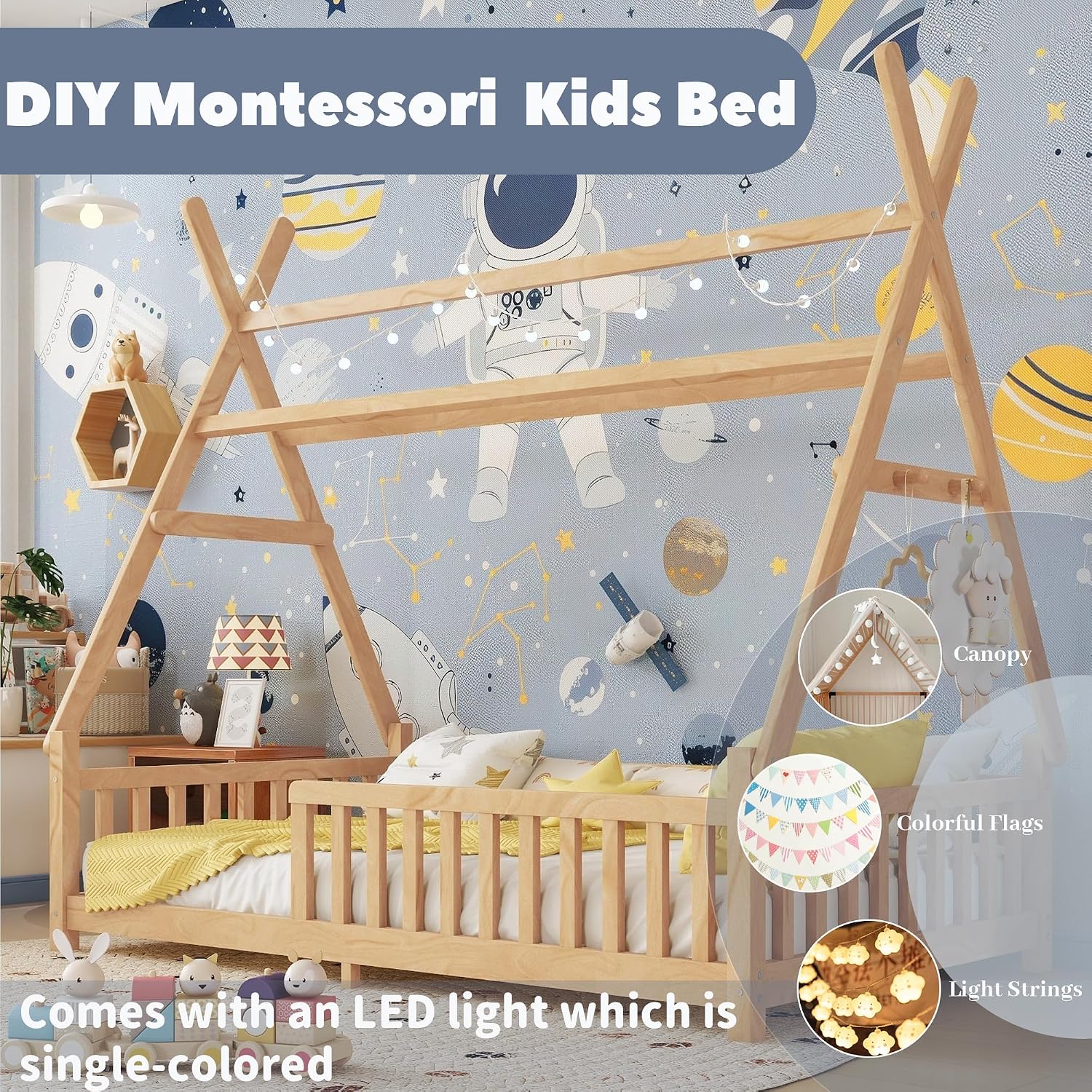 Twin Montessori Kids Floor Bed with Rails and LED Light, Low Twin Beds Frame with Fence and Removable Roof, Wood Montessori Floor Bed Frame for Kids, Girls, Boys, Natural
