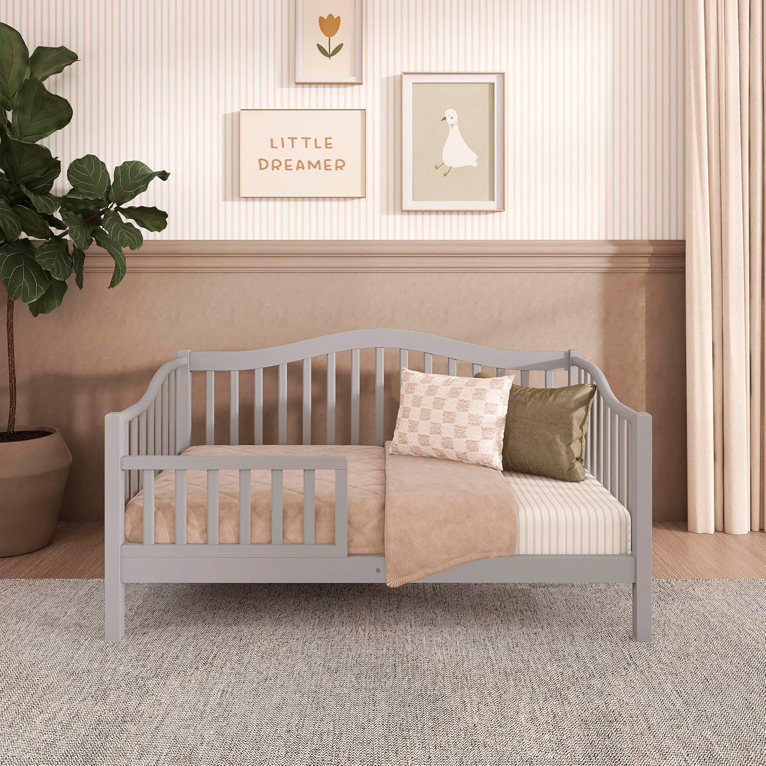 Dream On Me Austin Toddler Day Bed with Rails in Pebble Grey, Low to Floor Toddler Day Bed, Greenguard Gold & Baby Safety Alliance Certified, Non-Toxic Finishes, Side Safety Guard Rail