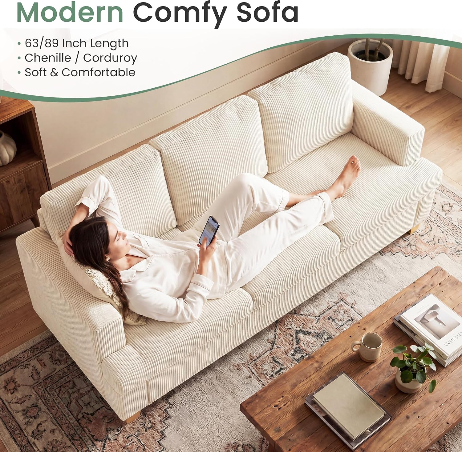 Fiona's magic 89' White Corduroy Couch for Living Room, 3 Seater Cloud Sofa, Deep Seat Floor Couch for Bedroom, Futon Modern Sofa Bed, White Corduroy