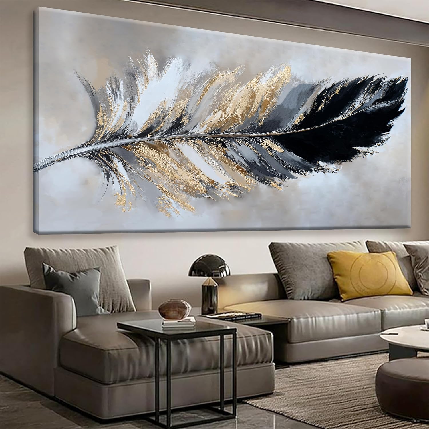 YISXINOAG Modern Abstract Wall Art Canvas Art Wall Decor Black and Gold Large Wall Art for Living Room Modern Home Decorations Abstract Art Prints Minimalist Feather Home Artwork Size 39'X78'