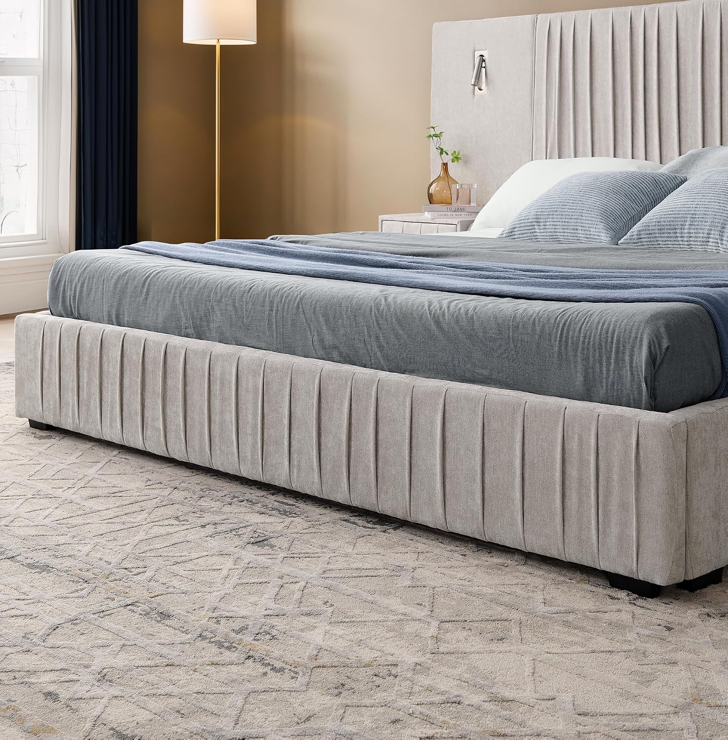 Merax Chenille Upholstered Queen Size Bed Frame with Wide Headboard and 2 Small Nightstands, Low Platform Bed Frame with Small Reading Lamp and Pleating Design for Adults, No Box Spring Needed, Beige